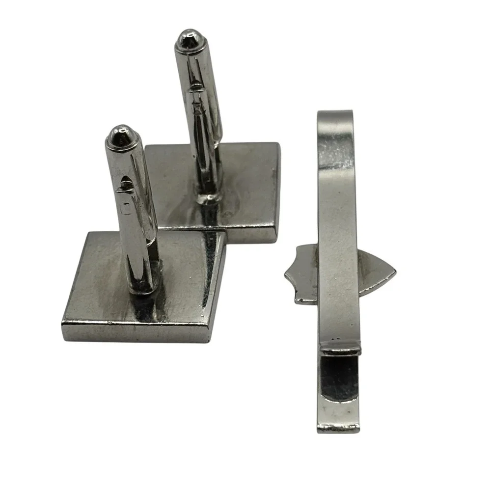 Fighting Lion Crest‎ Square Cuff Links Tie Bar Set Black Red Silver Tone Vintage